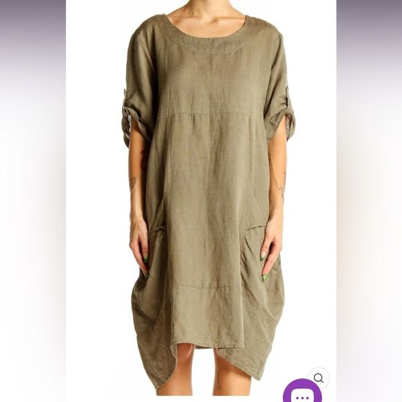 Kaktus Linen Olive 2 Pocket Relaxed Dress L - Picture 1 of 10